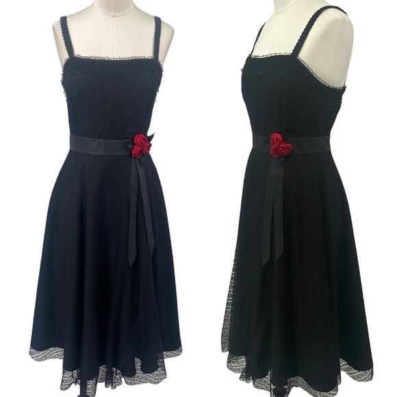 Unique Vintage Lace Fit & Flare Midi Dress Rosette Satin Waist Black Red Small - Picture 1 of 10